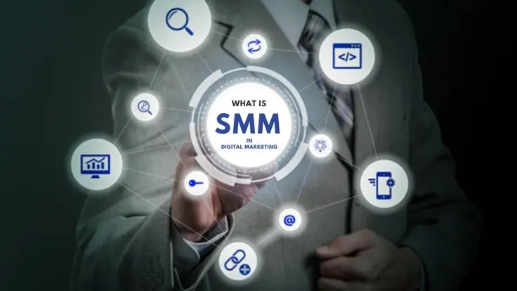 Here are the metadata details for the current image (SMM-img.webp): Alternative Text: Businessman touching a glowing digital node network displaying WHAT IS SMM IN DIGITAL MARKETING surrounded by social media and marketing icons.
