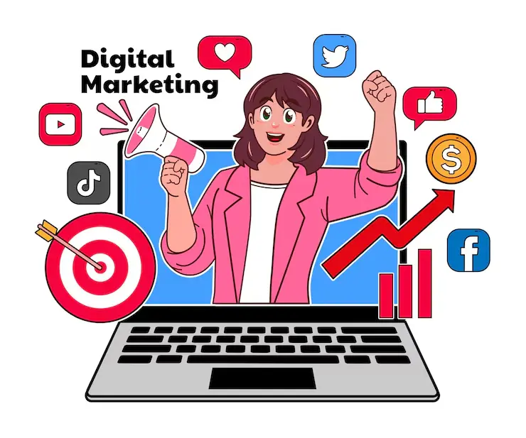 Animated woman holding a megaphone emerging from a laptop surrounded by social media icons and an upward growth chart with Digital Marketing text.
