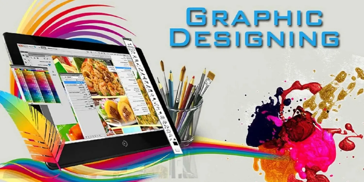 Digital graphic design workspace illustration with a tablet displaying design software, paintbrushes, color palettes, and vibrant paint splashes alongside bold GRAPHIC DESIGNING text.
