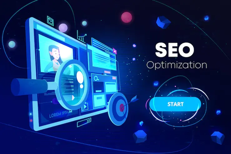 Futuristic digital graphic illustrating SEO Optimization with a magnifying glass focused on a web browser screen, target icons, and a bright blue START button on a dark glowing background.