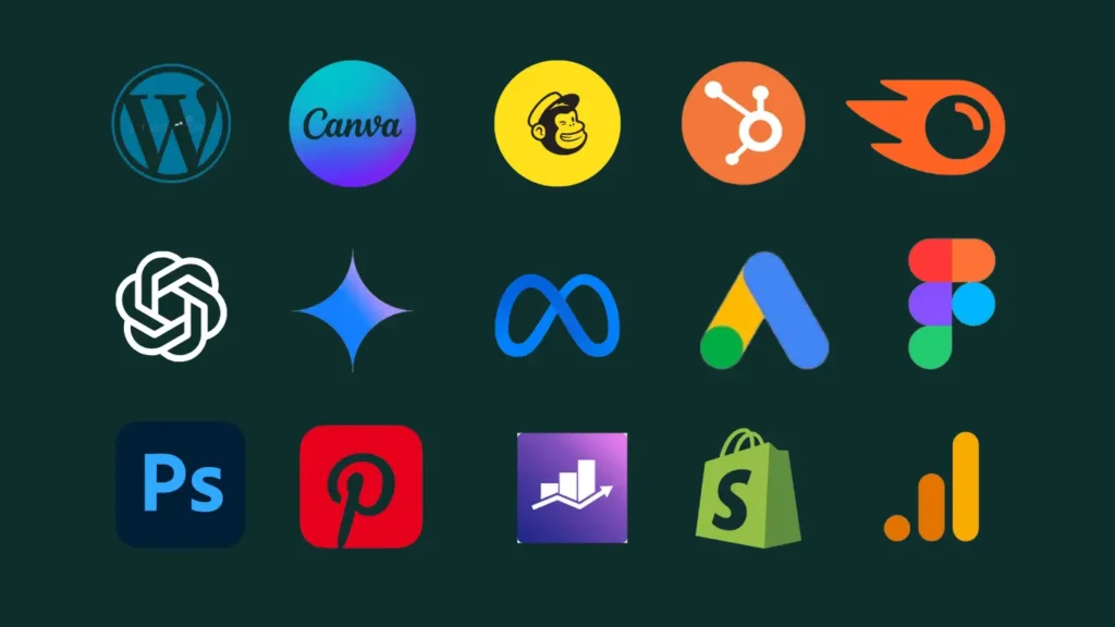 Grid of digital marketing and design software icons including WordPress, Canva, Mailchimp, HubSpot, ChatGPT, Meta, Google Ads, Figma, Photoshop, Pinterest, Shopify, and Google Analytics on a dark green background.